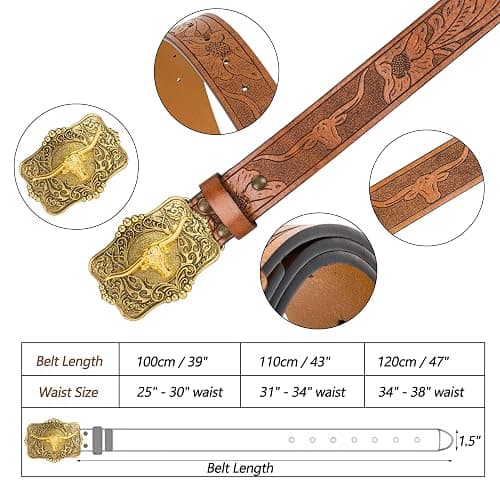 Mawjom Western Cowboy PU Leather Belt - Men Waist Strap Bull Decoration Floral Engraved for Jeans 25" to 38" Waist thumbnail 3