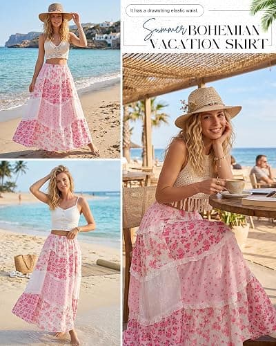 Cutecrop Women Patchwork Floral Maxi Skirt 2026 Summer Boho Flowy Long Skirt Casual Vacation Elastic Waist Tiered Ruffle Lace thumbnail 2
