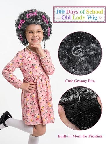 URATOT 5 Pieces Halloween Old Lady Wig Costume Set Grandma Wig Hair Rollers Glasses Chain Necklace Bracelet thumbnail 5