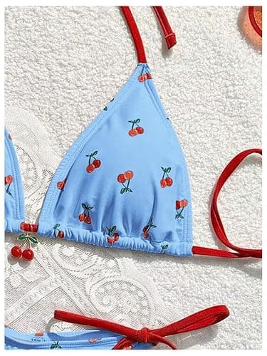 WDIRARA Women's 2 Piece Swimsuit Cherry Print Side Tie Halter Bikini Set | Self Tie Thong,Summer Beachwear,Side Tie,Halter Triangle,Vacation,Cute String Bathing Suits thumbnail 4