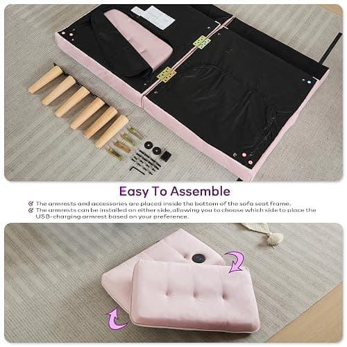 TYBOATLE 65" W Velvet Modern Convertible Folding Futon Couch Sofa Bed w/ 2 USB Charging Ports and arms, Loveseat for Compact Living Space, Dorm, Game Studio, Bonus Room, Apartment, Bedroom (Pink) - Pink thumbnail 7