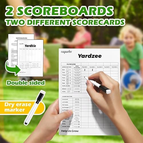 ropoda 3.5" Giant Wooden Yard Dice Set for Outdoor Fun, Barbeque, Party Events, Backyard Games, Lawn Games Includes 6 Dice, Collapsible Bucket, Score Cards & Dry Erase Marker thumbnail 5