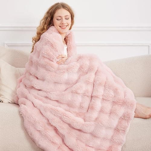 Comelady Faux Rabbit Fur Throw Blanket for Couch,Soft Fluffy Thick Bubble Blanket for Bed Sofa Room Decor-Lightweight Cozy Fuzzy Blanket Gifts for Women,Light Pink,50"×60" thumbnail 3