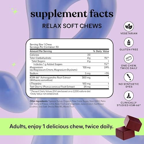 Lemme Relax Soft Chews with Magnesium Glycinate & Citrate, KSM-66 Ashwagandha + L-Theanine to Support Stress Relief, Cortisol Levels, Mood & Healthy Sleep Cycles, BlackBerry Lemonade (30 Chews) thumbnail 8