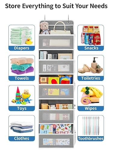 JARLINK Over The Door Organizer Storage, 5 Shelf Hanging Door Organizer with 5 Large Capacity Pockets, Anti Tilt 44 lb Load Behind Door Organizer for Bedroom, Bathroom, Pantry, Nursery, (Grey) - Grey - 1 Pack thumbnail 9