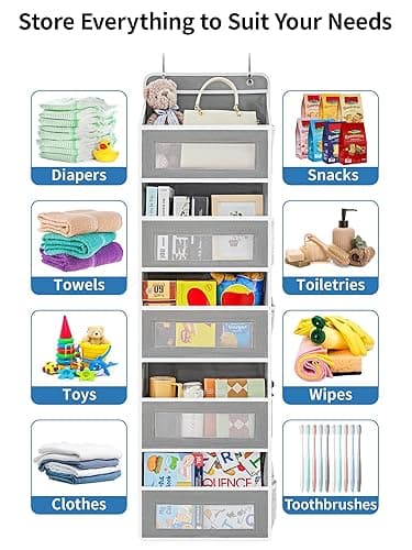 JARLINK Over The Door Organizer Storage, 5 Shelf Hanging Door Organizer with 5 Large Capacity Pockets, Anti Tilt 44 lb Load Behind Door Organizer for Bedroom, Bathroom, Pantry, Nursery, (Grey) - Grey - 1 Pack thumbnail 9