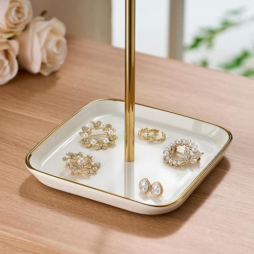 pickpiff Necklace Holder Stand with Ceramic Base: 12" Jewelry Tree Display Organizer for Necklaces, Bracelets, Rings, Earrings, Tall Gold Stand for Women, Aesthetic Room Décor, Gold and White thumbnail 4