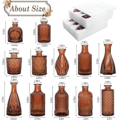 TBWIND 12-Piece Glass Bud Vase Set – Small Caramel Coffee Brown | Etched Glass Vases with Unique Shapes and Weighted Base for Windowsills, Bathrooms, and Table Centerpiece Décor thumbnail 3
