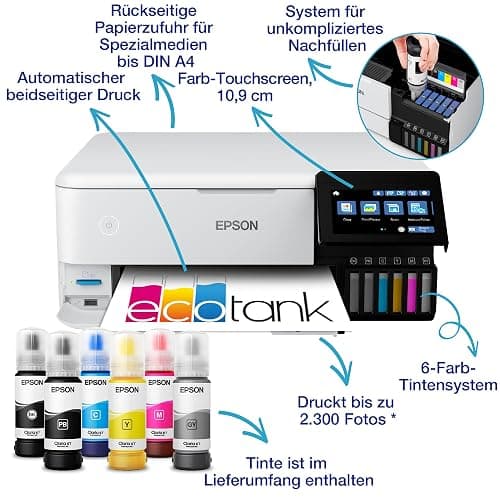 Epson EcoTank ET-8500 Tintentankdrucker | Fotodruck | 6-Farb-Tintensystem | WLAN | A4 | Drucken, Kopieren, Scannen | 10.9 cm Touchscreen | Duplexdruck | hinterer Papiereinzug thumbnail 4