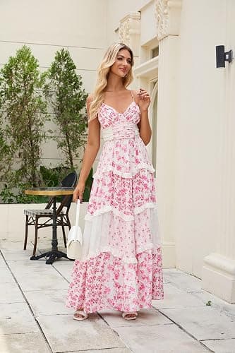 Women Floral Patchwork Maxi Dress V Neck Sleeveless Cross Back Spaghetti Strap Tiered Sundress Summer Long Dress thumbnail 5
