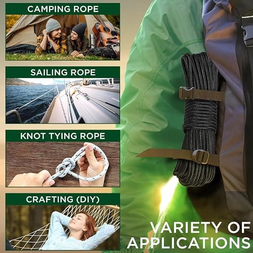 TECEUM Rope – 90 Feet x 3/8 Inch (10mm) – Black – Strong All-Purpose Utility Rope – Camping, Crafting, Flag Pole, Indoor & Outdoor – Polypropylene Nylon Poly Lightweight Diamond Braided Cord thumbnail 5