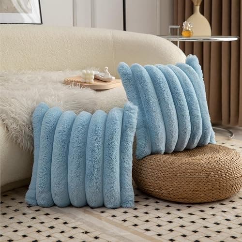 Neelvin Blue Faux Fur Cozy Soft Striped Decorative Throw Pillow Covers 18x18 inch Set of 2,Velvet Pillowcase Cushion Case for Sofa Couch thumbnail 3