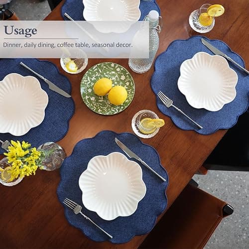 AHHFSMEI Round Faux Linen Placemats Set of 4 Waterproof Table Mats Heat Resistant Non-Slip and Stain Proof for Kitchen Dining Elegant Decor (Navy Blue,4) thumbnail 5