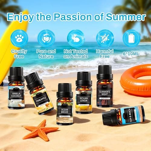 Summer Essential Oils for Diffusers for Home, 6X10ml Fragrance Oils Set, Aromatherapy Oils for Candles Making - Coconut, Pineapple, Beach, Breeze, Lemon, Summer Night | Gift Set for Women, Home, Spa thumbnail 3