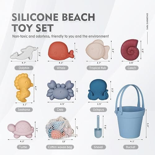 MarcZero 11Pcs Silicone Beach Toys,Modern Baby Beach Toys,Travel Friendly Beach Set,Silicone Bucket, Shovel, 8 Sand Molds, Beach Bag,Silicone Sand Toys for Toddlers, Kids (Blue) thumbnail 3