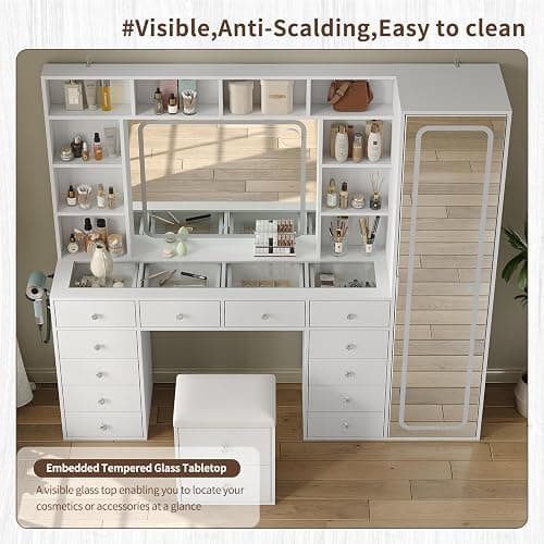 Yanosaku Vanity Desk Full Length Mirror & LED Mirror with Power Outlet, Makeup Vanity 14 Drawers & 10 Shelves, Hidden Storage Capacity, Dimmable & 3 Color Lighting Dressing Table for Bedroom, White thumbnail 7