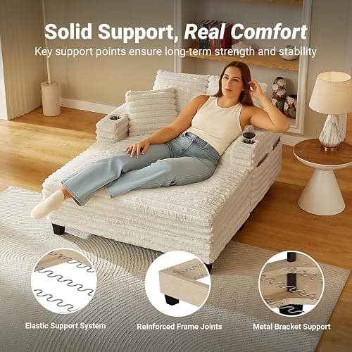 Chaise Lounge Chair Indoor, Amsleekey 64" Oversized Sleeper Chair with Wood Frame, Upholstered Sofa Bed for Living Room, Movie Room, Bedroom with 4 Storage Pockets&2 Cup Holders(Plush Corduroy, Beige) thumbnail 5