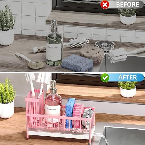 Cisily Sponge Holder for Kitchen Sink, Sink Caddy Organizer with High Brush Holder, Kitchen Countertop Organizers and Storage Essentials, Rustproof 304 Stainless Steel (Pink, 9.25″) thumbnail 6