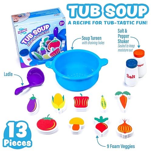 Tub Works® Tub Soup™ Scoop, Strain & Play Toddler Bath Toy | Floating Foam Veggies, Ladle for Scooping & Soup Pot for Straining | Pretend Play Cooking Kids Bath Toys | Creative Bathtub Toys thumbnail 5