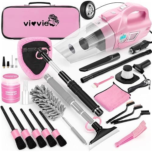 Vioview Pink Car Cleaning Kit, 25Pcs Detailing Kit Interior with 4-in-1 Power Handheld Vacuum Cleaner, Detailing Brush Set, 2-in-1 Windshield Cleaner Tool, Car Accessories for Cleaning, Gift for Women - Image 1