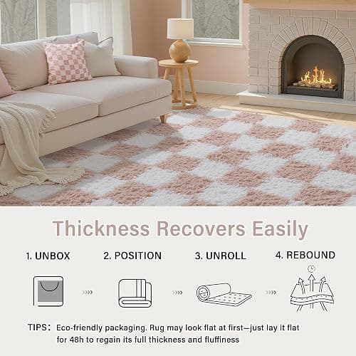 PureCozy Checkered Rug 4x4 for Living Room, Pink and White Modern Shag Rug Super Soft Washable Indoor Fuzzy Carpet Non-Slip Fluffy Rugs for Bedroom Home Aesthetic Decor thumbnail 4