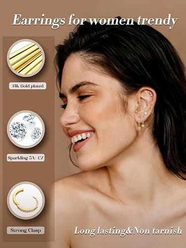 Dochais Flat Back Cartilage Earrings for Women Trendy Dainty CZ Flatback Studs Earing Sets 14k Gold Plated Hypoallergenic Huggie Hoops Earring Stacks for Multiple Piercing thumbnail 4