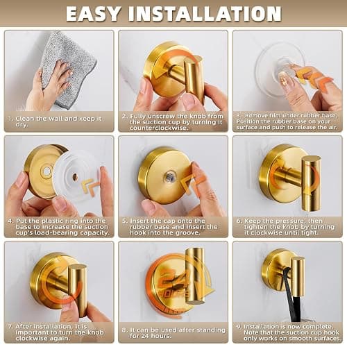 Fenas Suction Cup Hooks for Shower - Bathroom Reusable Hooks for Towels, Robes & Loofah - No-Drill Mounting on Kitchen,Walls,Metal,Glass,Mirrors,Tile & Smooth Non-Porous Surfaces (2, Brushed Gold) thumbnail 6