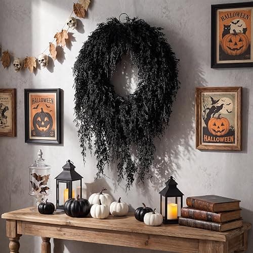 Suncalla 20" Black Halloween Artificial Wreath - Halloween Cedar Wreath Spooky Party Decorations for Front Door Indoor Outdoor Wall Window Porch thumbnail 4