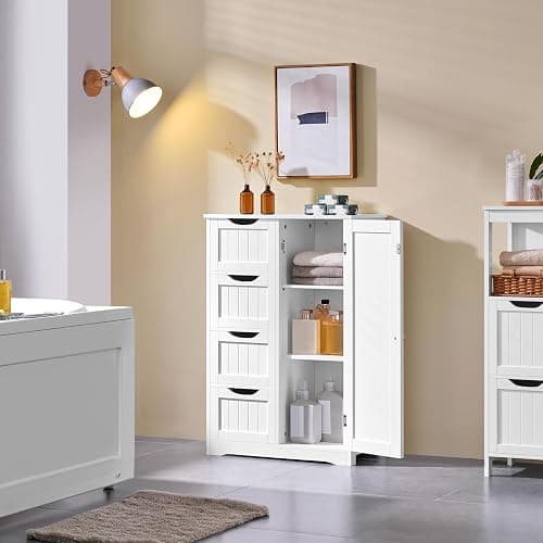 Yaheetech Wooden Floor Cabinet, Side Storage Organizer with 4 Drawers and 1 Cupboard, Freestanding Entryway Storage Unit Console Table, Bathroom Furniture Home Decor, White thumbnail 2