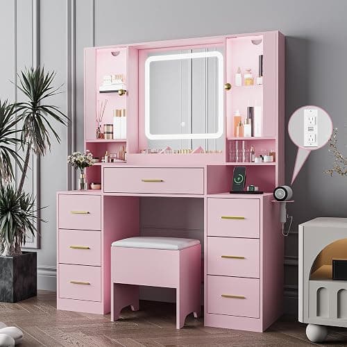 BORNOON Makeup Vanity with LED Light Strip Mirror and Chair, 7 Drawers & 2 RGB Cabinets Pink Vanity Makeup Desk with Power Strip, Adjustable LED Lighting, and Cushioned Stool for Women, Girls, Teens - Image 1