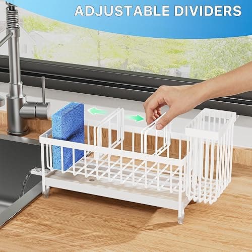 Cisily Sponge Holder for Kitchen Sink, Sink Caddy Organizer with High Brush Holder, Kitchen Countertop Organizers and Storage Essentials, Rustproof 304 Stainless Steel (Cool White, Large) thumbnail 5