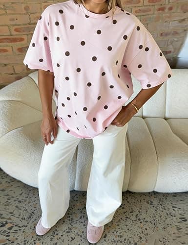 HOCANDY Womens Polka Dot Shirt Oversized T Shirts Loose Fit Crewneck Short Sleeve Polka Dot Tops Summer Casual 2026 Basic Tee thumbnail 3
