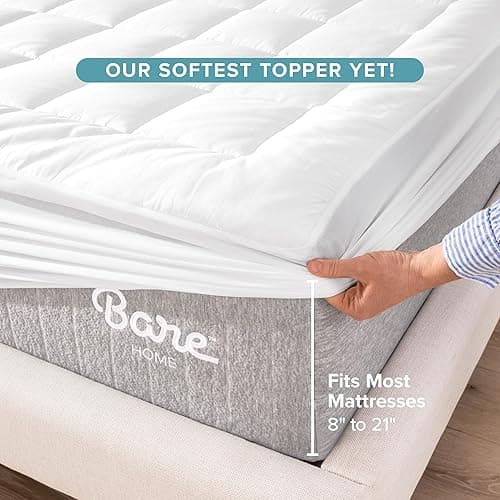 Bare Home Twin XL Mattress Topper Cotton Top - Twin Extra Long - Soft Plush Topper for Mattress - College Dorm Room Essentials - Cooling Breathable Air Flow - 8" to 21" Deep Pocket (Twin XL, White) - Twin XL - White thumbnail 6