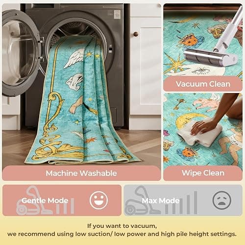 Kokia 8x10 Celestial Sun Moon Unique Fresh Turquoise Soft Washable Area Rug | Low Pile Non-Slip Carpet with Vintage Whimsical Boho Decorative Pattern; Cottagecore Style for Living Rooms or Large Bedrooms thumbnail 5