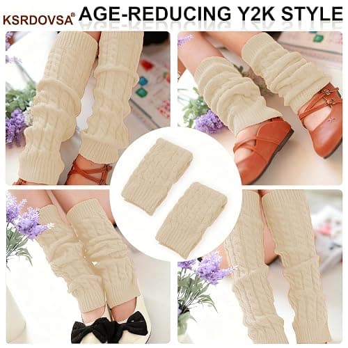 2 Pair Leg Warmers, Y2k Leg Warmers Women Kawaii Thigh High Socks Knee High Socks, Cable Knitted Long Socks thumbnail 7