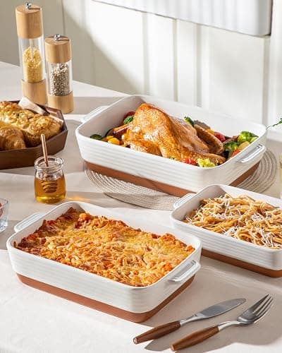 MALACASA Casserole Dishes for Oven, Ceramic Baking Dishes Set of 3, Baking Pan Casserole Dish Set, Rectangular Lasagna Pan Deep with Handles for Baking, Khaki White (14.5''/13''/10.5''), Series TARA thumbnail 6