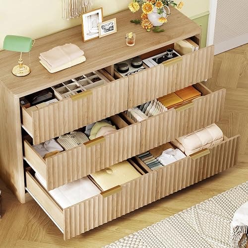 TEENFON Fluted 6 Drawer Dresser for Bedroom, Wide Modern Chest of Drawers with Metal Handle, Curved Profile Design, Wood Closet Clothes Storage Organizer for Bedroom, Living Room, Hallway, Natural thumbnail 3