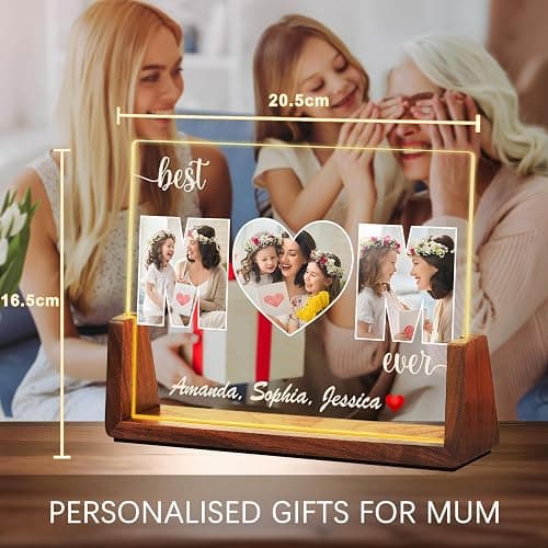 Personalized Mothers Day Birthday Gifts for Mom from Daughter Son Kids, Customized Acrylic Plaque LED Walnut Photos Frame with Night Light, Best Mom Ever Gifts for MAMA Wife Women thumbnail 3