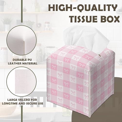 ❤️Pink Gingham Bow Decorative Leather Tissue Box Cover - Cute Tissue Holder Gifts for Women and Friends Funny Unique for Home Decor Decorative for Kitchen Bathroom Nightstands Office - A21 thumbnail 4