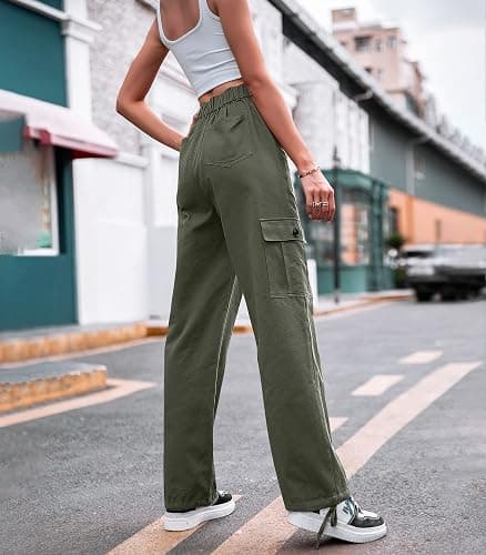ZMPSIISA Women High Waisted Cargo Pants Wide Leg Casual Pants 6 Pockets Combat Military Trousers - X-Large - Green thumbnail 3