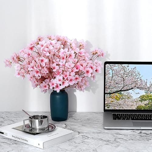 SITUMEIZI 6Pcs Artificial Cherry Blossom Branches Decor Fake Flowers Silk Spring Faux Flowers 16" Peach Bouquet for Home Wedding Bedroom Japanese Decoration DIY Table Centerpiece Arrangement(Pink) thumbnail 2