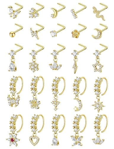 LOREMOW 25Pcs 20G Gold Dangle Nose Ring for Women Men Surgical Steel L Shaped Nose Stud CZ Flower Teardrop Dangling Nose Rings Moon Star Nose Rings Hoop Hypoallergenic Cross Heart Butterfly Dangle Nose Piercing Jewelry - Image 1