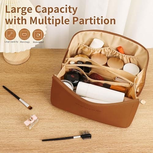 zaleeta Travel Makeup Bag, Large Capacity Cosmetic Organizer Bags for Women, Waterproof PU Leather Toiletry Bags, Wide Open Flat Makeup Case with Divider and Handle thumbnail 3