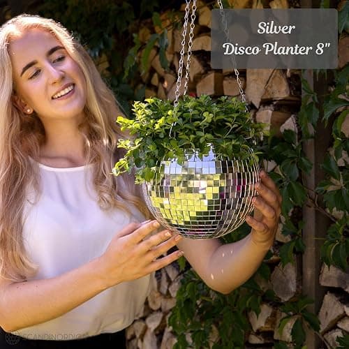 SCANDINORDICA Disco Ball Planter – Value Package: Disco Planter with Chain, Macrame Hanger and Acrylic Stand, Includes Self Watering Insert, Preppy Room Decor, Funky Decor | 8 inch Silver thumbnail 2