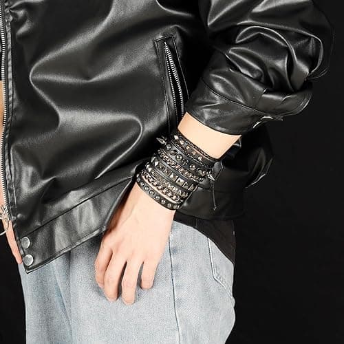 Eigso Leather Punk Rock Cuff Bracelets for Men Women Retro Vintage Chain 80s Wristband Set for Man Woman - 3Pcs-C thumbnail 5