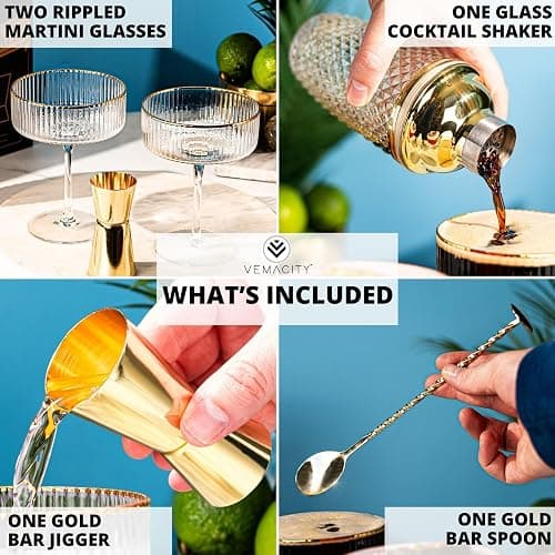 Vemacity Kit Cocktail - Shaker. Cocktail Professionale con Coperchio Oro 450ml + 2 Bicchieri Martini con Bordi Oro + Cucchiaio Bar e Jigger | Set Elegante per Barman | Ideale per Fare un Regalo thumbnail 4