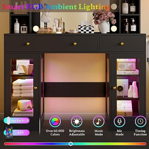 Wodeer Makeup Vanity Desk with Mirror and Lights, Black Vanity with Glass Top, LED Lights & Power Outlet, 3 Drawers & 2 RGB Glass Cabinets, Adjustable Lighted Dressing Table for Women & Girls Bedroom thumbnail 3