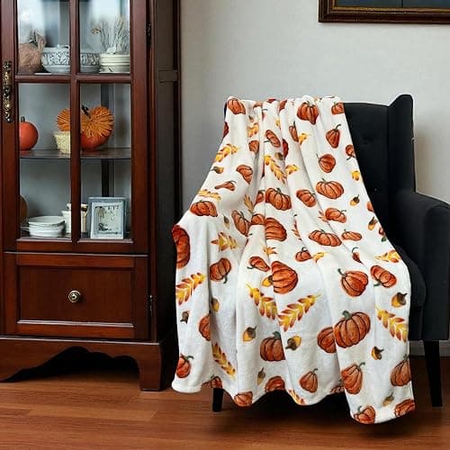 Home Decor Farmhouse Fall Fleece Throw Blanket: Harvest Pumpkins Leaves and Wheat on Velvet Fleece, Oversized Measures 70" inches x 50" inches | Oversized, Fall, Harvest, Home Decor thumbnail 6