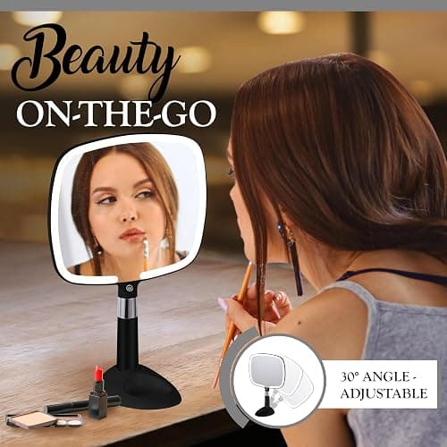 MIRRORVANA Lighted Travel Makeup Mirror - 2 in 1 Handheld & Tabletop LED Mirror with 3 Light Modes, Detachable Stand, and Comfy Handle - 9" x 13" (Black) thumbnail 4