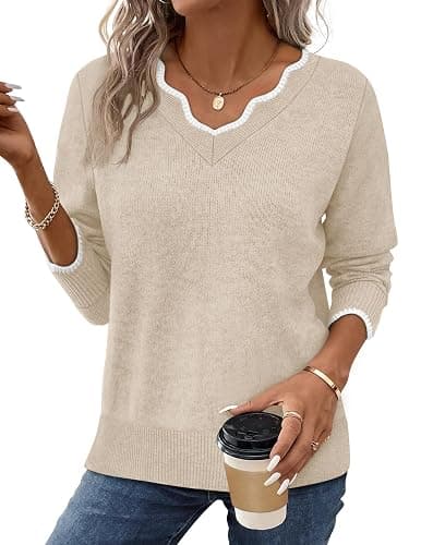OFEEFAN Womens V Neck Sweaters Pullover Cozy Lightweight Sweaters Long Sleeve Tops Fall Outfits 2025 - Image 1